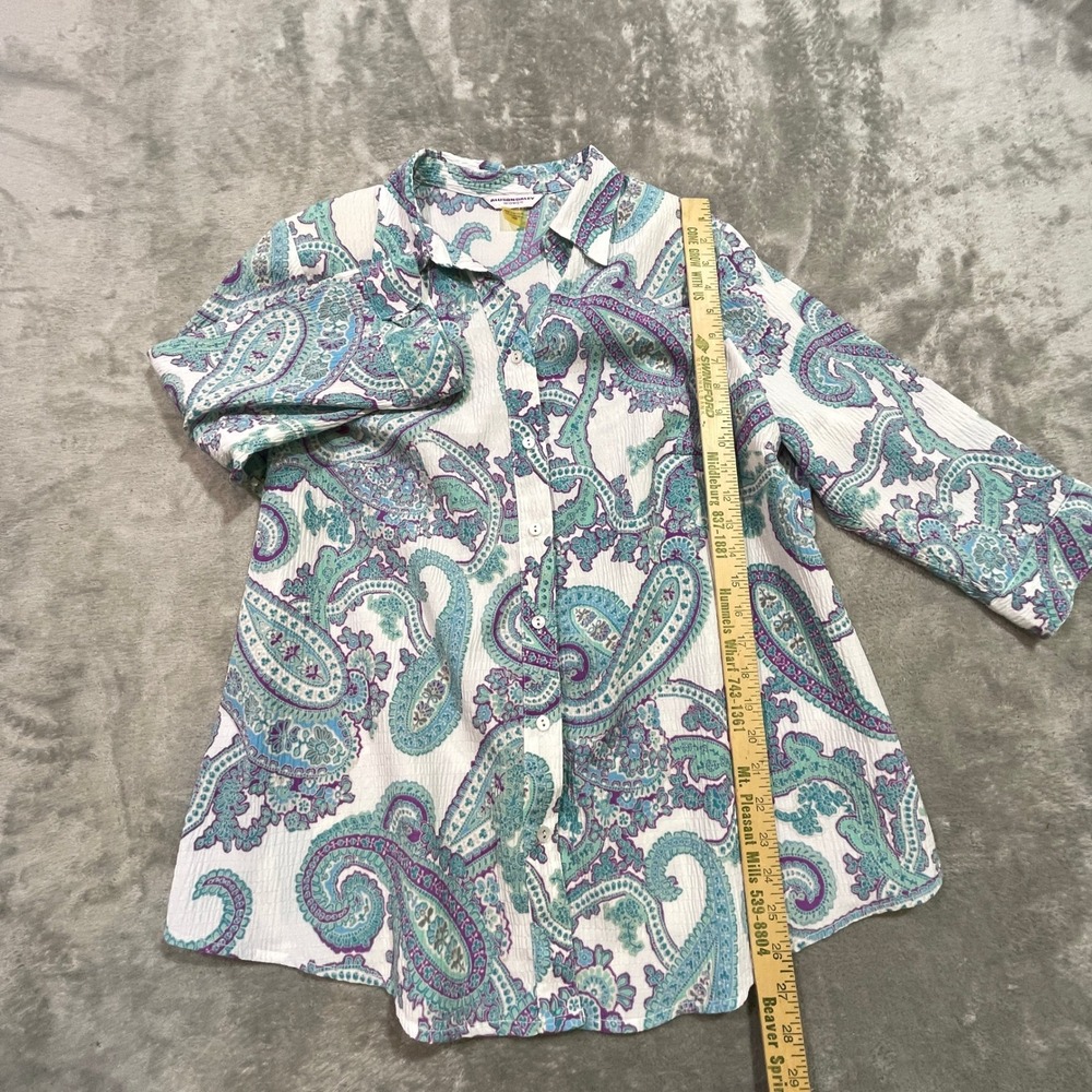 Allison Daley Button Up Shirt Women 18W White Paisley 3/4 Sleeve Seersucker - Picture 2 of 10